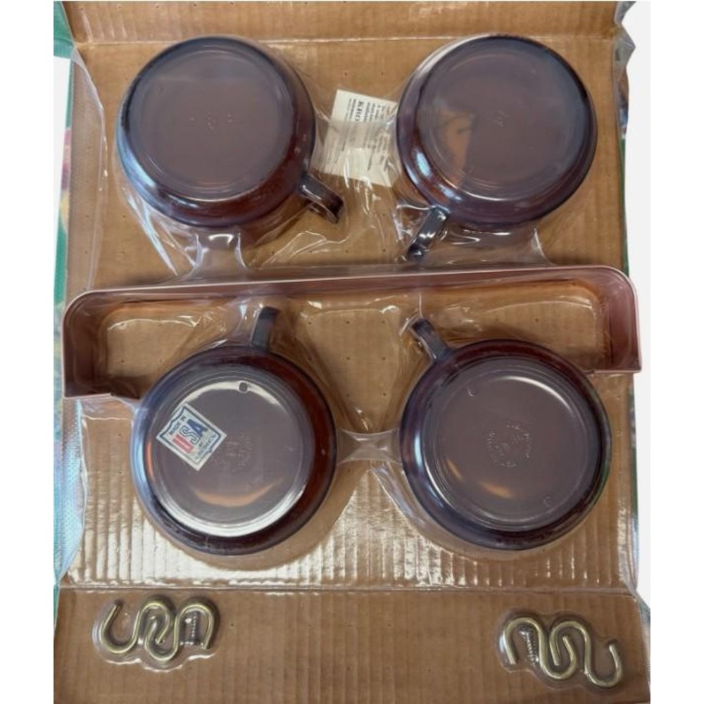 Vtg MCM Copper Mug Rack Bar Set 4 Amber Glass Soup‎ Mugs NOS Kromex Sealed Box